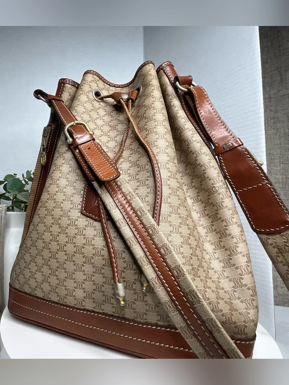 Brown Drawstring Bucket Bag with Leather Trim